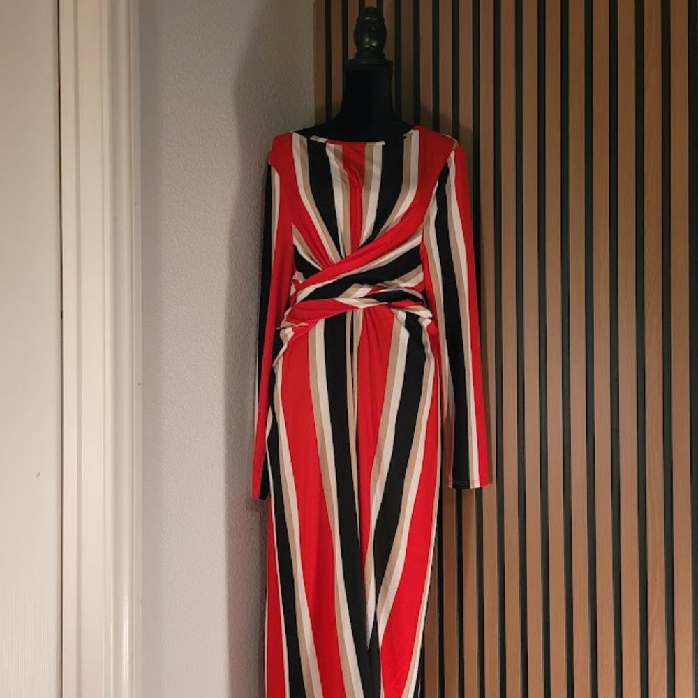Long -Sleeve Bold Striped A-Line Midi Dress